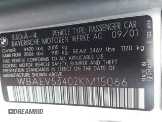 2002 BMW 3 Series 330i with VIN WBAEV53402KM15066, listed as a IAAI auction lot 42053080 with Not Provided miles and . Bid and sale history available at carsss.com. Image 9.