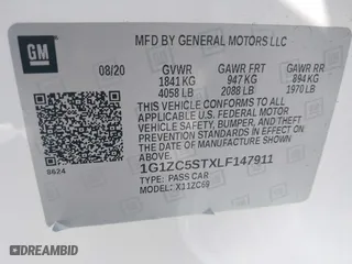 2020 Chevrolet Malibu LS with VIN 1G1ZC5STXLF147911, listed as a IAAI auction lot 41657390 with 61,932 mi miles. Bid and sale history available at carsss.com. Image 9.