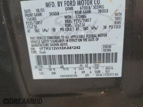 2006 Ford F-150 STX with VIN 1FTRX12WX6KA81242, listed as a Copart auction lot 54103735 with Not provided miles and Salvage title. Bid and sale history available at DreamBid. Image 12.