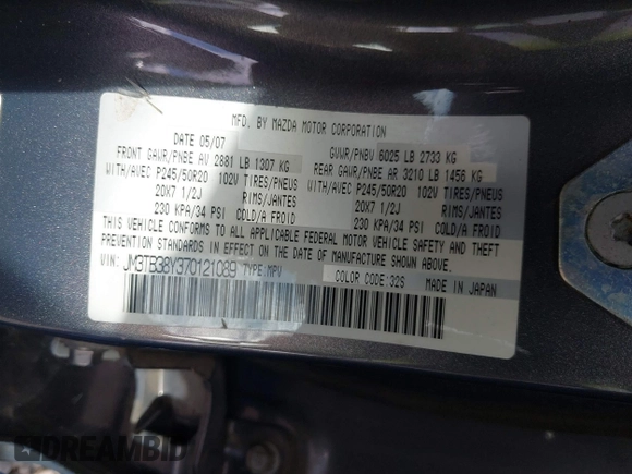 2007 Mazda CX-9 Sport with VIN JM3TB38Y370121089, listed as a IAAI auction lot 42120541 with 1 mi miles. Bid and sale history available at carsss.com. Image 9.