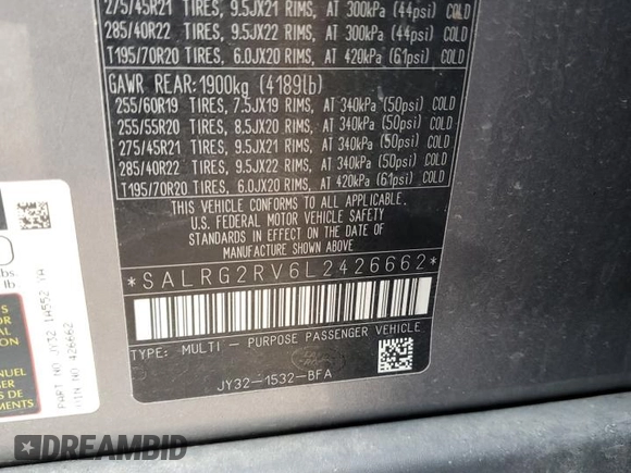 2020 Land Rover Discovery SE with VIN SALRG2RV6L2426662, listed as a Copart auction lot 76928444 with 98,796 mi miles and Salvage Title. Bid and sale history available at DreamBid. Image 14.