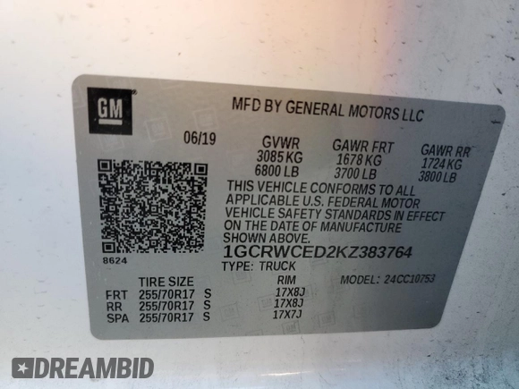 2019 Chevrolet Silverado 1500 LT with VIN 1GCRWCED2KZ383764, listed as a Copart auction lot 46062715 with 116,637 mi miles and Salvage Title. Bid and sale history available at DreamBid. Image 12.