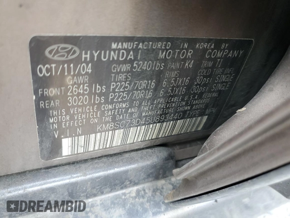 2005 Hyundai Santa Fe GLS with VIN KM8SC73D45U893440, listed as a Copart auction lot 54064965 with 195,826 mi miles and Clean Title. Bid and sale history available at carsss.com. Image 13.
