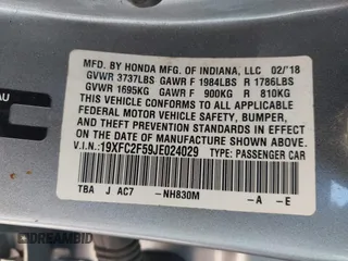 2018 Honda Civic LX with VIN 19XFC2F59JE024029, listed as a IAAI auction lot 42226509 with 85,115 mi miles and . Bid and sale history available at DreamBid. Image 9.