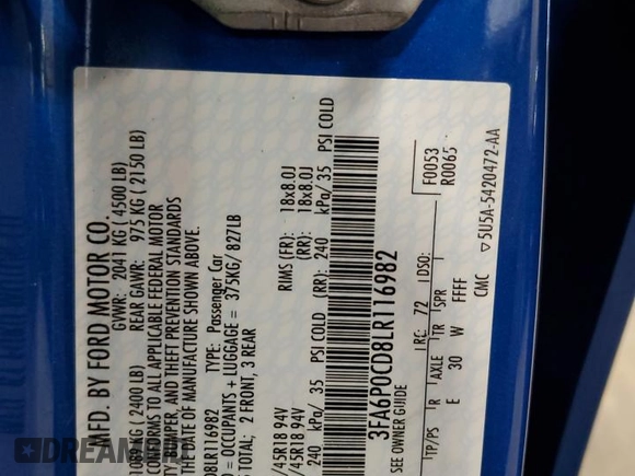 2020 Ford Fusion SEL with VIN 3FA6P0CD8LR116982, listed as a Copart auction lot 63326765 with 127,080 mi miles and Non repairable. Bid and sale history available at DreamBid. Image 12.