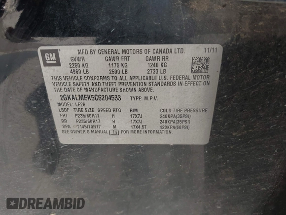 2012 GMC Terrain SLE-1 with VIN 2GKALMEK5C6204533, listed as a IAAI auction lot 42411381 with 267,471 mi miles and . Bid and sale history available at DreamBid. Image 9.