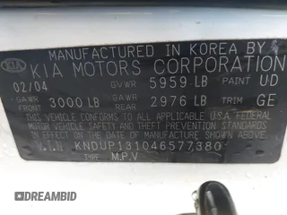 2004 Kia Sedona LX with VIN KNDUP131046577380, listed as a IAAI auction lot 41468710 with 138,451 mi miles and . Bid and sale history available at DreamBid. Image 9.