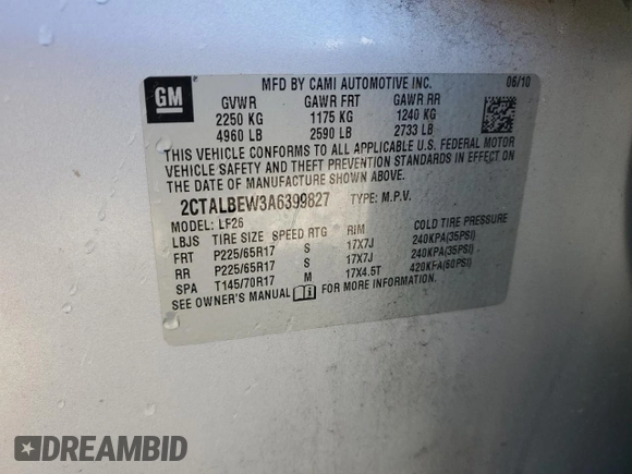 2010 GMC Terrain SLE-1 with VIN 2CTALBEW3A6399827, listed as a Copart auction lot 88027125 with 126,140 mi miles and Salvage Title. Bid and sale history available at DreamBid. Image 13.