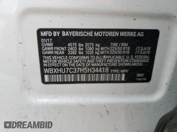 2017 BMW X1 sDrive28i with VIN WBXHU7C37H5H34418, listed as a Copart auction lot 53073995 with 67,980 mi miles and Salvage Title. Bid and sale history available at carsss.com. Image 13.
