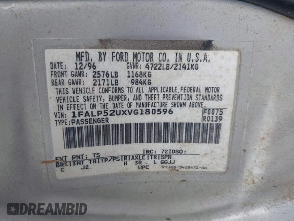 1997 Ford Taurus GL z VIN 1FALP52UXVG180596, wystawiony jako IAAI lot #42463461 z przebiegiem 190 419 mil mil oraz . Historia ofert i sprzedaży dostępna na DreamBid. Obrazek 9.