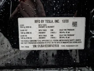 2021 Tesla Model S Long Range Plus z VIN 5YJSA1E2XMF427618, wystawiony jako Copart lot #41654955 z przebiegiem Nie podano mil oraz Szkoda całkowita • Salvage title. Historia ofert i sprzedaży dostępna na DreamBid. Obrazek 15.