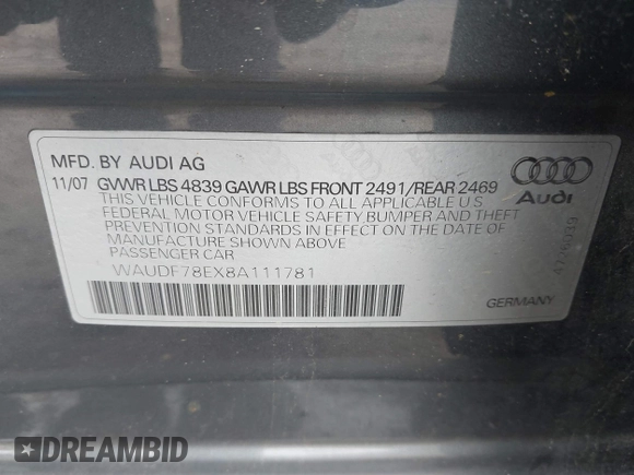 2008 Audi A4 2.0T z VIN WAUDF78EX8A111781, wystawiony jako IAAI lot #42170231 z przebiegiem 103 672 mil mil oraz . Historia ofert i sprzedaży dostępna na DreamBid. Obrazek 9.