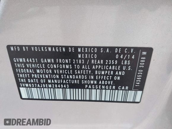 2014 Volkswagen Jetta Hybrid SE с VIN 3VW637AJ9EM284943, выставлен на аукционе IAAI как лот 42567020 с пробегом 164 928 миль миль и . История ставок и продаж доступна на DreamBid. Изображение 9.
