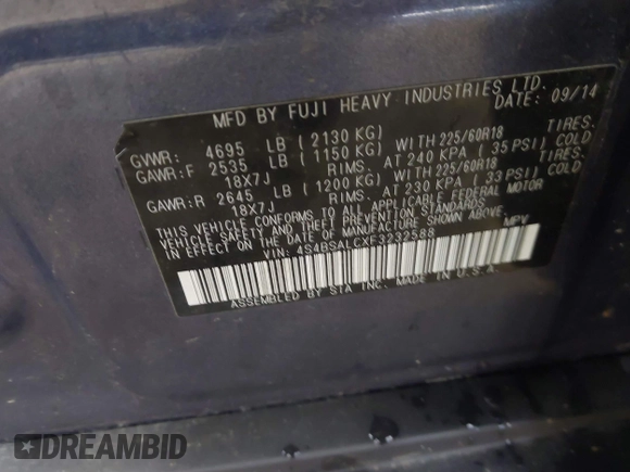 2015 Subaru Outback Limited with VIN 4S4BSALCXF3232588, listed as a IAAI auction lot 42091667 with 144,314 mi miles and . Bid and sale history available at DreamBid. Image 9.