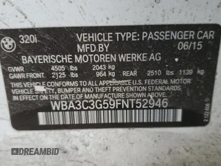 2015 BMW 3 Series 320i xDrive with VIN WBA3C3G59FNT52946, listed as a Copart auction lot 45638255 with Not Provided miles and Salvage Title. Bid and sale history available at carsss.com. Image 14.