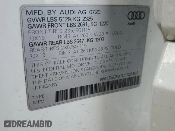 2020 Audi Q3 S line Premium with VIN WA1DECF31L1125362, listed as a Copart auction lot 42122605 with 39,407 mi miles and Salvage Title. Bid and sale history available at carsss.com. Image 14.