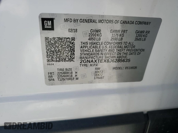 2018 Chevrolet Equinox LT with VIN 2GNAXTEX8J6285635, listed as a Copart auction lot 49552915 with 35,607 mi miles and Salvage Title. Bid and sale history available at carsss.com. Image 15.