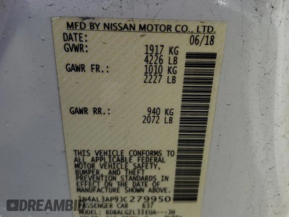 2018 Nissan Altima S with VIN 1N4AL3AP9JC279950, listed as a Copart auction lot 46802735 with 98,919 mi miles and Salvage Title. Bid and sale history available at DreamBid. Image 12.
