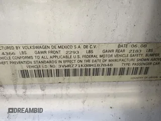 2008 Volkswagen Jetta SE with VIN 3VWRZ71K08M187848, listed as a IAAI auction lot 41918064 with 181,998 mi miles and . Bid and sale history available at DreamBid. Image 9.
