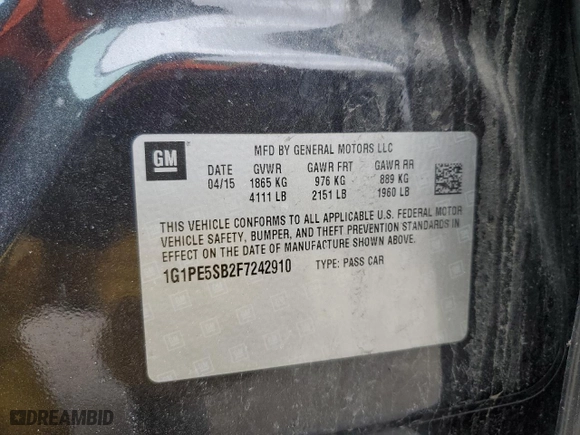 2015 Chevrolet Cruze LT with VIN 1G1PE5SB2F7242910, listed as a Copart auction lot 47836775 with 116,765 mi miles and Salvage Title. Bid and sale history available at carsss.com. Image 12.