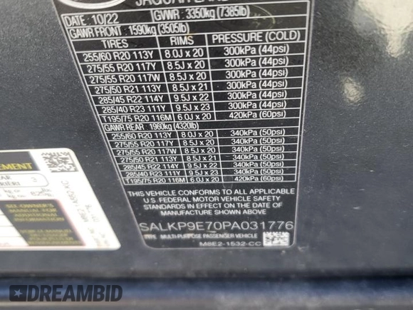 2023 Land Rover Range Rover SE z VIN SALKP9E70PA031776, wystawiony jako Copart lot #47582265 z przebiegiem Nie podano mil oraz Szkoda całkowita • Salvage title. Historia ofert i sprzedaży dostępna na DreamBid. Obrazek 13.