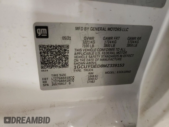 2021 Chevrolet Silverado 1500 LTZ with VIN 1GCUYGED8MZ339153, listed as a Copart auction lot 47932015 with 127,270 mi miles and Salvage Title. Bid and sale history available at DreamBid. Image 12.