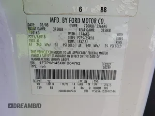 2008 Ford F-150 XLT with VIN 1FTPW145X8FB64762, listed as a IAAI auction lot 41701809 with 57,121 mi miles. Bid and sale history available at carsss.com. Image 9.