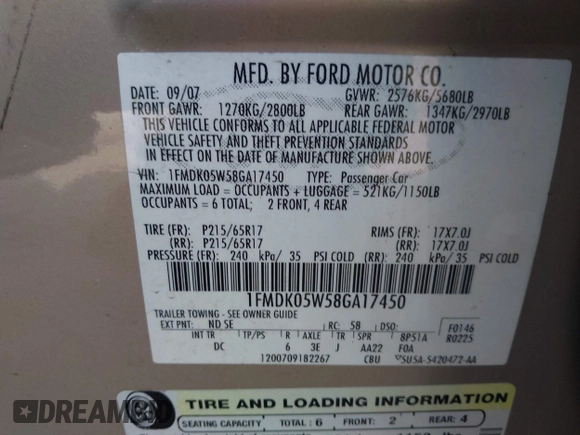 2008 Ford Taurus X SEL with VIN 1FMDK05W58GA17450, listed as a IAAI auction lot 42144238 with 190,621 mi miles and . Bid and sale history available at DreamBid. Image 9.