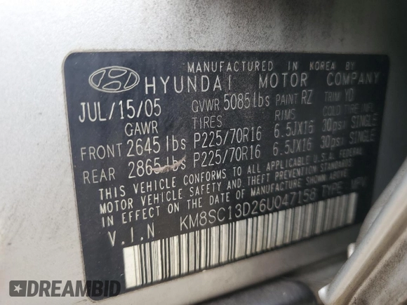 2006 Hyundai Santa Fe GLS with VIN KM8SC13D26U047158, listed as a Copart auction lot 80787974 with 139,427 mi miles and Salvage Title. Bid and sale history available at carsss.com. Image 13.