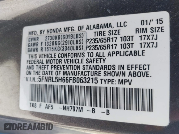 2015 Honda Odyssey EX-L with VIN 5FNRL5H66FB063215, listed as a IAAI auction lot 41846532 with 153,048 mi miles and . Bid and sale history available at carsss.com. Image 9.