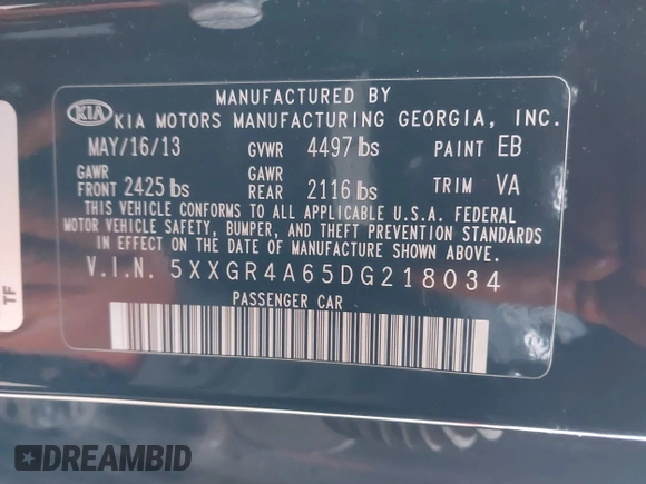 2013 Kia Optima SX with VIN 5XXGR4A65DG218034, listed as a IAAI auction lot 42027756 with 100,285 mi miles and . Bid and sale history available at DreamBid. Image 9.