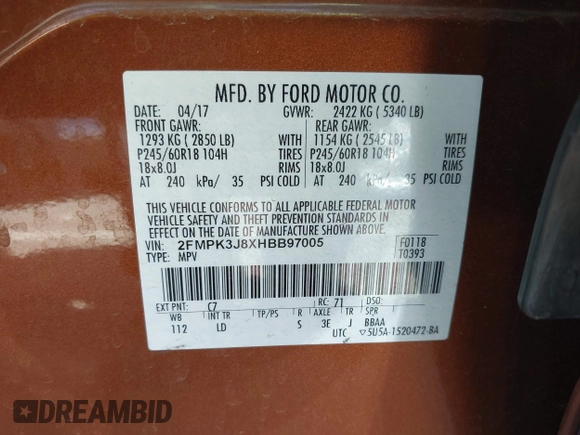 2017 Ford Edge SEL with VIN 2FMPK3J8XHBB97005, listed as a IAAI auction lot 42032696 with 81,727 mi miles. Bid and sale history available at carsss.com. Image 9.