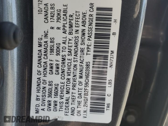 2012 Honda Civic LX z VIN 2HGFB2F59CH603985, wystawiony jako Copart lot #55675435 z przebiegiem 125 567 mil mil oraz Szkoda całkowita • Salvage title. Historia ofert i sprzedaży dostępna na DreamBid. Obrazek 13.