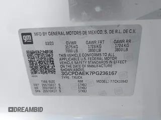 2023 Chevrolet Silverado 1500 with VIN 3GCPDAEK7PG236167, listed as a IAAI auction lot 41568306 with 21,659 mi miles and . Bid and sale history available at DreamBid. Image 9.