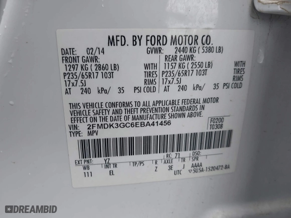 2014 Ford Edge SE with VIN 2FMDK3GC6EBA41456, listed as a IAAI auction lot 41680971 with 1 mi miles. Bid and sale history available at carsss.com. Image 9.
