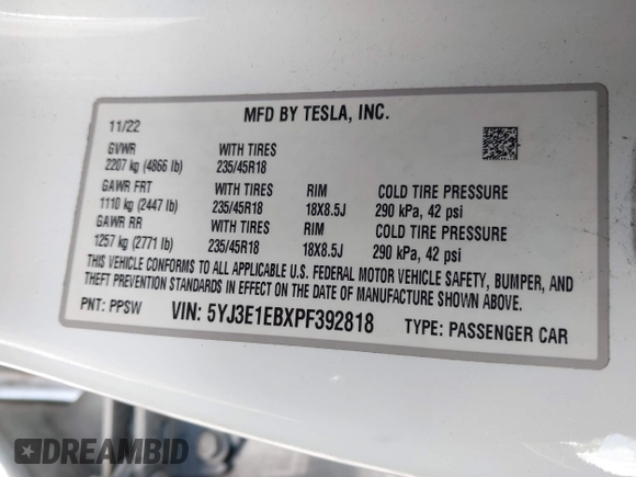 2023 Tesla Model 3 Long Range with VIN 5YJ3E1EBXPF392818, listed as a IAAI auction lot 41346835 with 31,750 mi miles and . Bid and sale history available at DreamBid. Image 9.