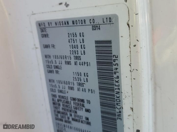 2014 Nissan NV200 SV with VIN 3N6CM0KN1EK694592, listed as a Copart auction lot 45536705 with 180,119 mi miles and Salvage Title. Bid and sale history available at carsss.com. Image 13.