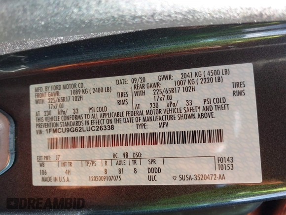 2020 Ford Escape SE z VIN 1FMCU9G62LUC26338, wystawiony jako IAAI lot #41853591 z przebiegiem Nie podano mil oraz . Historia ofert i sprzedaży dostępna na DreamBid. Obrazek 9.