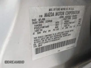 2001 Mazda Tribute LX with VIN 4F2YU08151KM06561, listed as a IAAI auction lot 41478779 with 54,826 mi miles and . Bid and sale history available at DreamBid. Image 9.