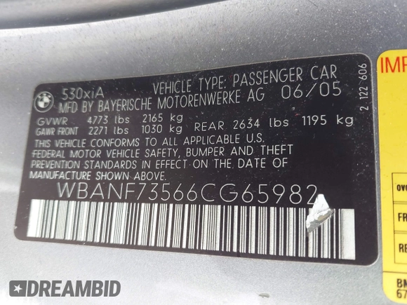 2006 BMW 5 Series 530xi with VIN WBANF73566CG65982, listed as a IAAI auction lot 42132024 with 192,560 mi miles and . Bid and sale history available at carsss.com. Image 9.