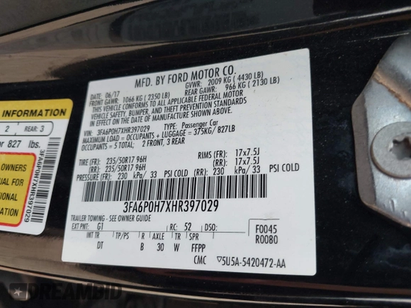 2017 Ford Fusion SE with VIN 3FA6P0H7XHR397029, listed as a IAAI auction lot 42281733 with 65,961 mi miles and . Bid and sale history available at DreamBid. Image 9.