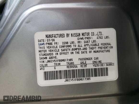2006 Infiniti G35 with VIN JNKCV51F86M617385, listed as a Copart auction lot 54049075 with 195,894 mi miles and Salvage Title. Bid and sale history available at DreamBid. Image 12.