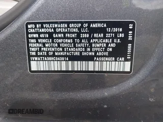 2017 Volkswagen Passat S z VIN 1VWAT7A38HC043814, wystawiony jako IAAI lot #42216077 z przebiegiem 178 418 mil mil oraz . Historia ofert i sprzedaży dostępna na DreamBid. Obrazek 9.