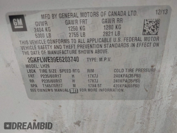 2014 GMC Terrain SLE with VIN 2GKFLWE39E6203740, listed as a IAAI auction lot 42434151 with 100,988 mi miles and . Bid and sale history available at DreamBid. Image 9.