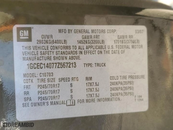 2007 Chevrolet Silverado 1500 LT w/1LT with VIN 1GCEC14077Z567213, listed as a Copart auction lot 47769985 with 0 mi miles and Salvage Title. Bid and sale history available at carsss.com. Image 12.