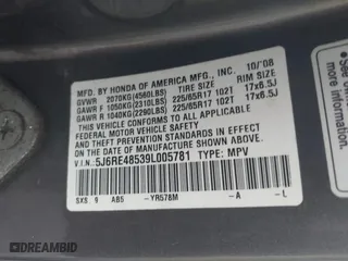 2009 Honda CR-V EX with VIN 5J6RE48539L005781, listed as a IAAI auction lot 41165126 with 1 mi miles. Bid and sale history available at carsss.com. Image 9.