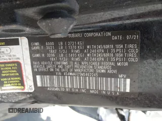 2021 Subaru Ascent Premium with VIN 4S4WMAFD5M3462245, listed as a IAAI auction lot 42110493 with Not provided miles and . Bid and sale history available at DreamBid. Image 9.