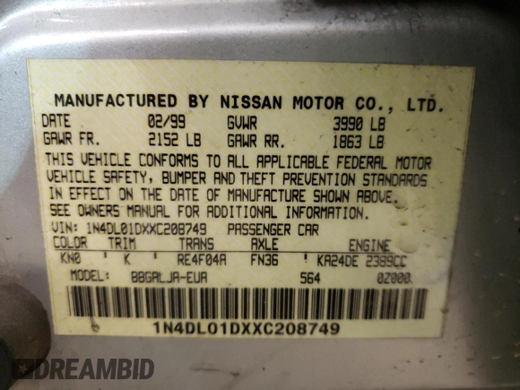1999 Nissan Altima XE with VIN 1N4DL01DXXC208749, listed as a Copart auction lot 41650583 with 153,183 mi miles and Non Repairable. Bid and sale history available at carsss.com. Image 10.
