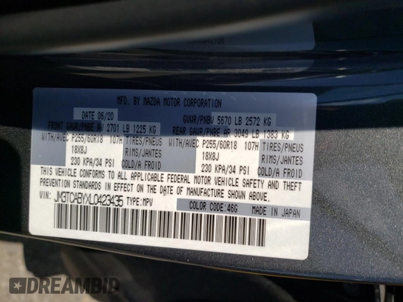 2020 Mazda CX-9 Sport with VIN JM3TCABYXL0423435, listed as a Copart auction lot 57283733 with 27,169 mi miles and . Bid and sale history available at DreamBid. Image 12.