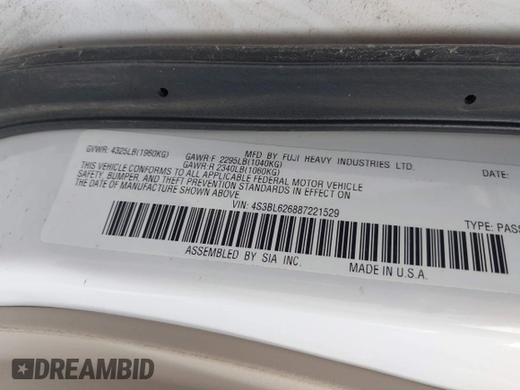 2008 Subaru Legacy Limited with VIN 4S3BL626887221529, listed as a IAAI auction lot 42376391 with 67,383 mi miles and . Bid and sale history available at DreamBid. Image 9.